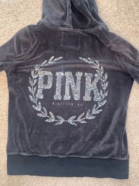 PINK Victoria's Secret Black Velour Hoodie with Sequin Logo